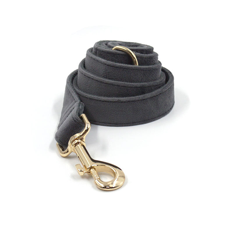 Dark Grey Velvet Pet Collar With Leash