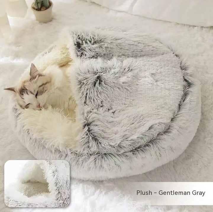 2 In 1 Plush Pet Bed Round Warm Cat Dog House