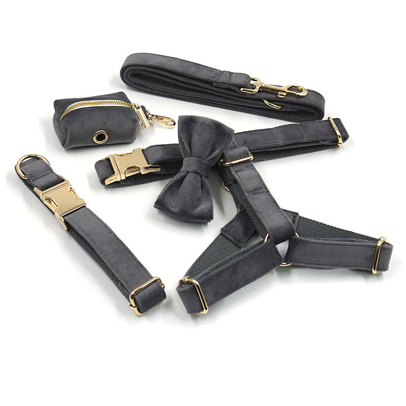 Dark Grey Velvet Pet Collar With Leash