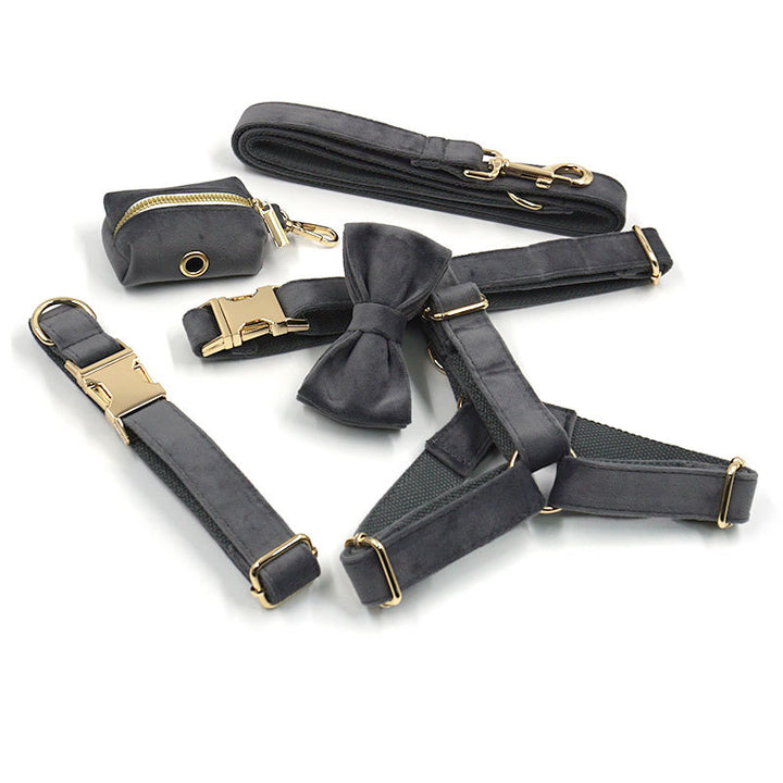 Dark Grey Velvet Pet Collar With Leash