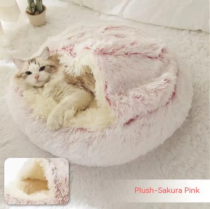 2 In 1 Plush Pet Bed Round Warm Cat Dog House