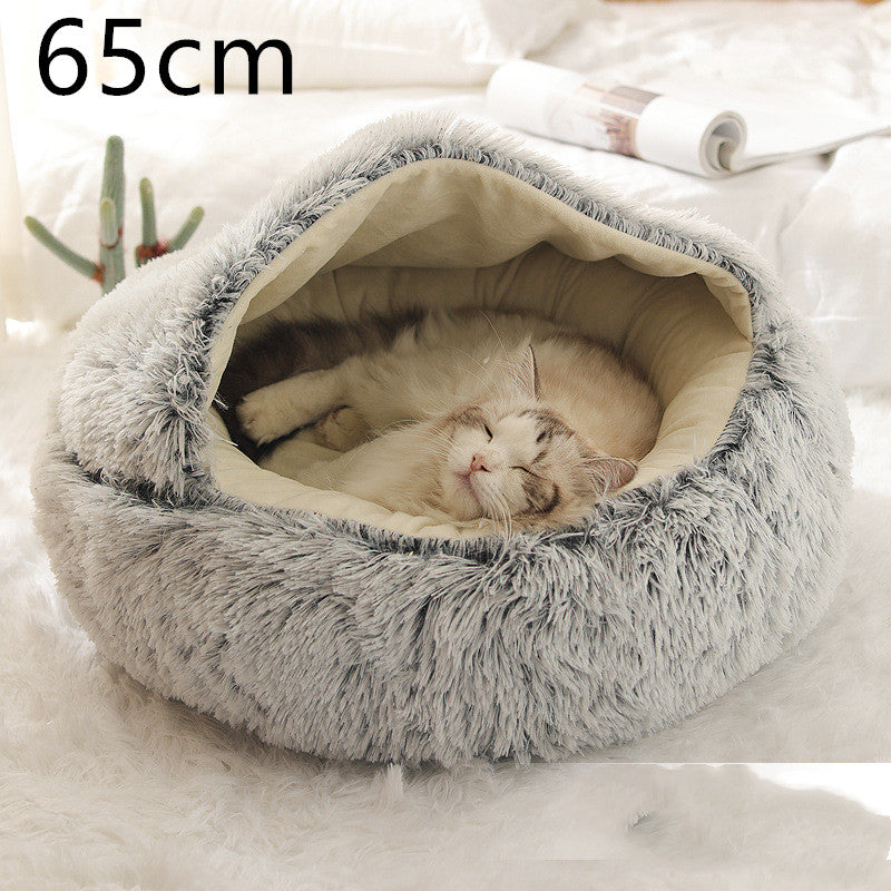 2 In 1 Plush Pet Bed Round Warm Cat Dog House