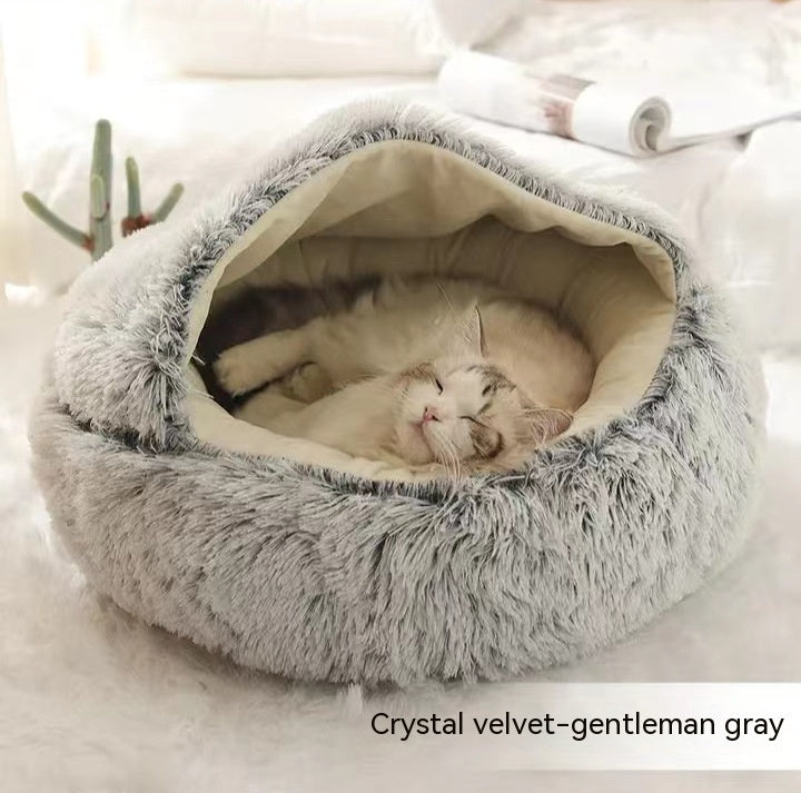 2 In 1 Plush Pet Bed Round Warm Cat Dog House
