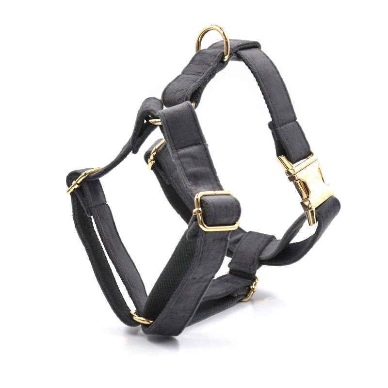Dark Grey Velvet Pet Collar With Leash