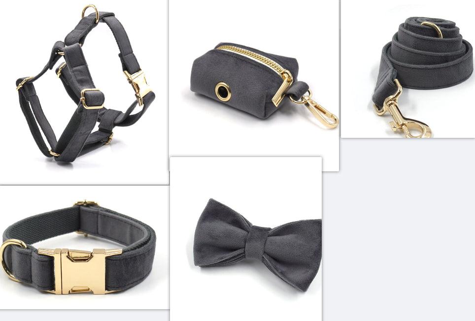 Dark Grey Velvet Pet Collar With Leash