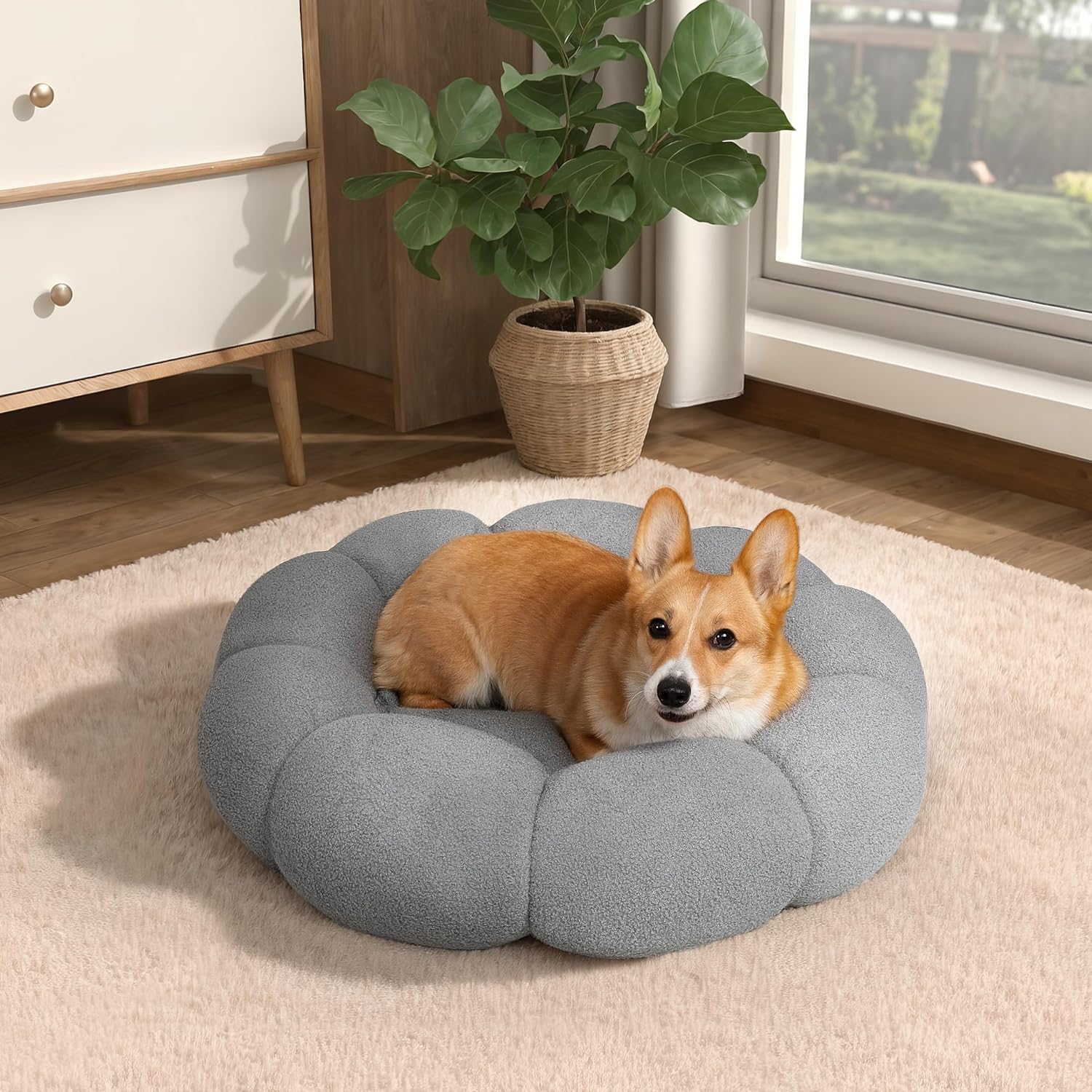 Fluffy Calming Round Pet Bed Plush Donut Cuddler Soft Cushion