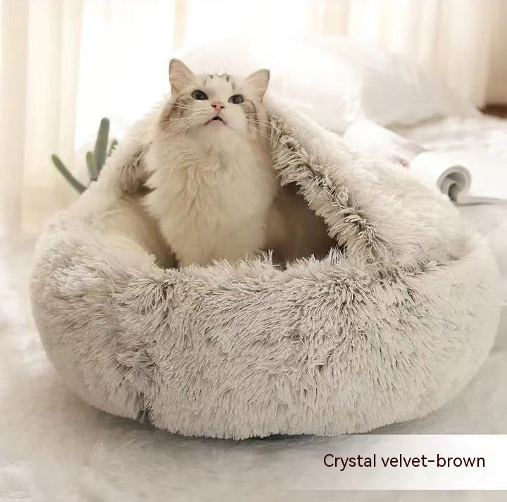 2 In 1 Plush Pet Bed Round Warm Cat Dog House