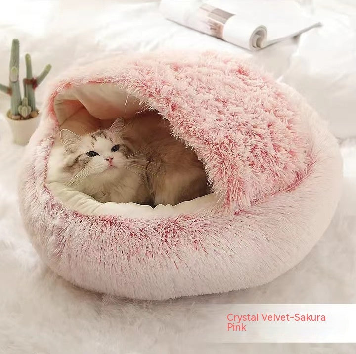 2 In 1 Plush Pet Bed Round Warm Cat Dog House