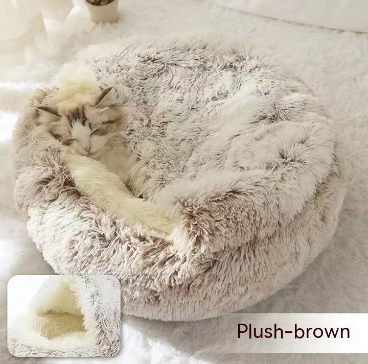 2 In 1 Plush Pet Bed Round Warm Cat Dog House