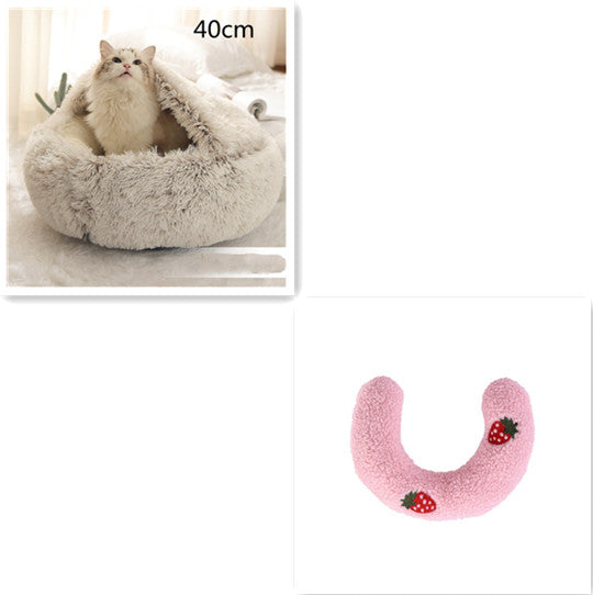 2 In 1 Plush Pet Bed Round Warm Cat Dog House