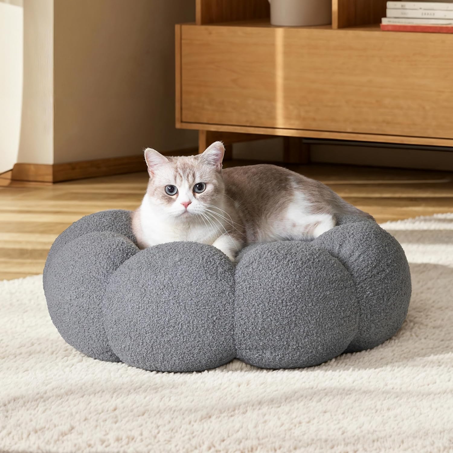 Fluffy Calming Round Pet Bed Plush Donut Cuddler Soft Cushion