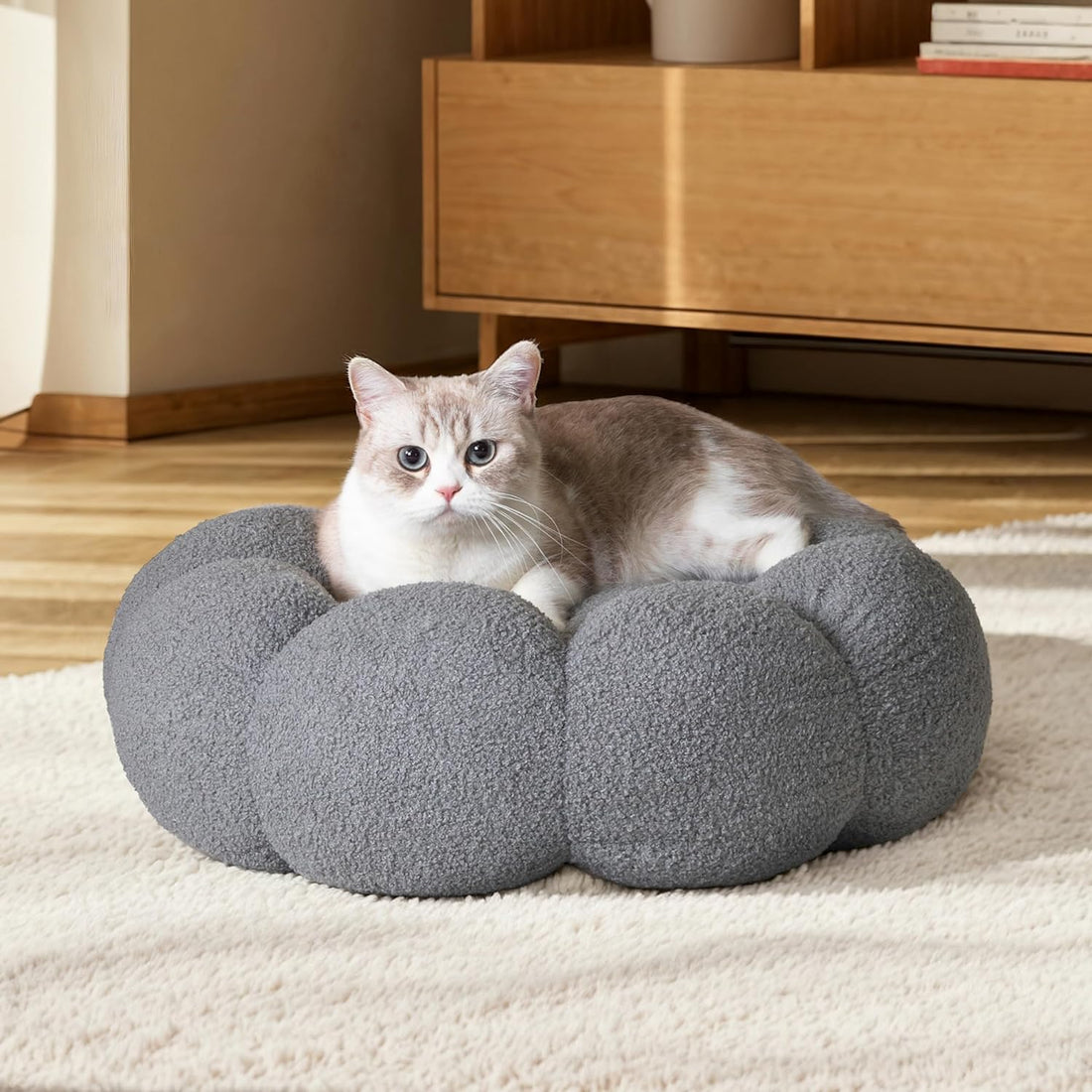 Fluffy Calming Round Pet Bed Plush Donut Cuddler Soft Cushion